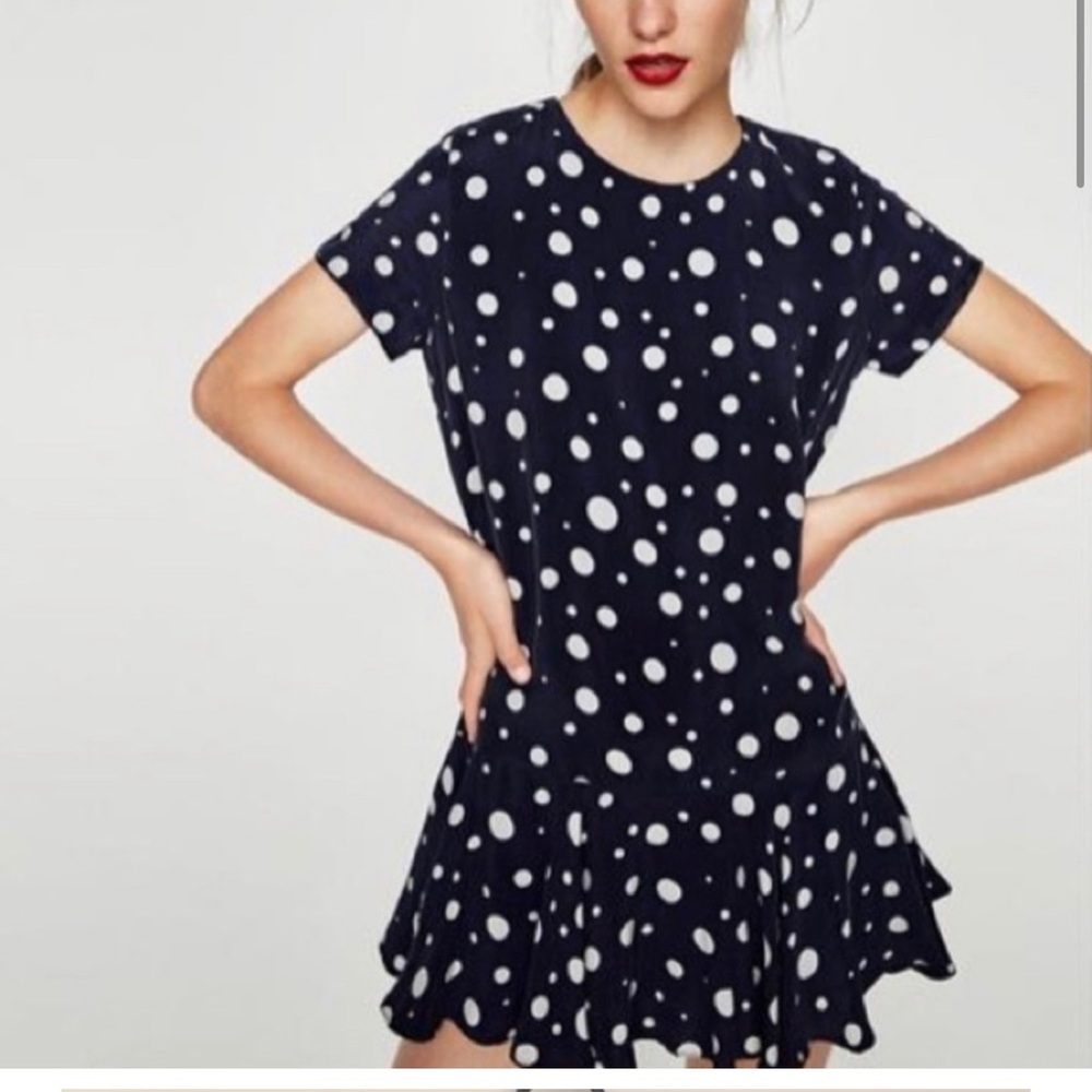 Zara navy and white polka dot mini dress with back tie. Size xs.